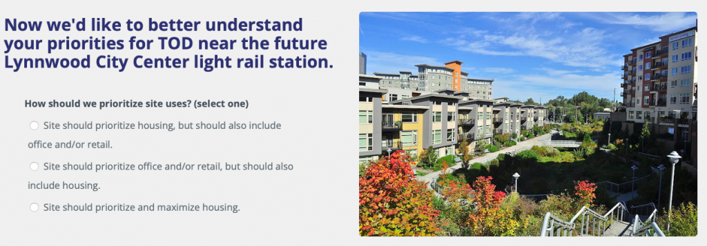 An example of a question from the Sound Transit survey with a photo of housing and park space. 
