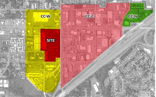 A map showing the three zone areas for Lynnwood City Center, CC-W, CC-C, and CC-N.
