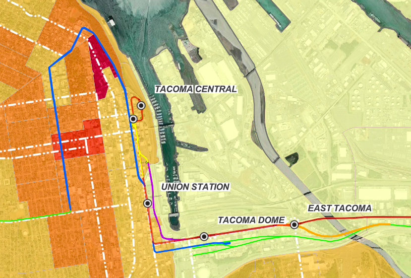 A map of Tacoma showing potential light rail alignments going into the center of the city.