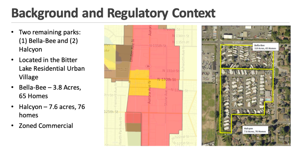 A map of the mobile home park sites, aerial photo, and description of the sites. Bella-B is 3.8 acres, 65 homes, Halcyon is 7.6 acres and 76 homes. The land is zoned as commercial. 