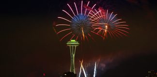 A photo of fireworks at an illuminated space needle