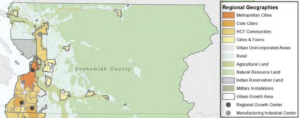 A map of regional geographies in Snohomish county. 