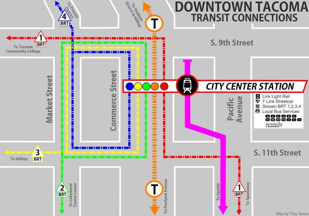 A map of a proposed Downtown Tacoma transit station shows possible bus connections on major thoroughfares such as Commerce and Market Streets. 