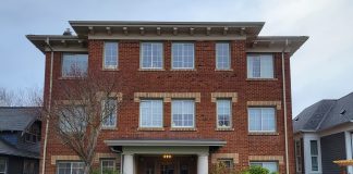 A brick apartment building.