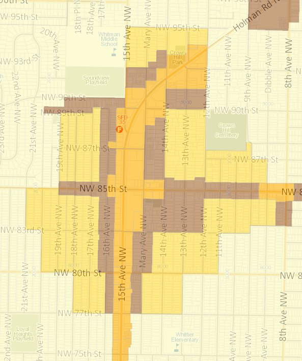 This map shows the zoning of the Crown Hill Urban Village. A thin band of midrise is surrounded by low density zoning. 