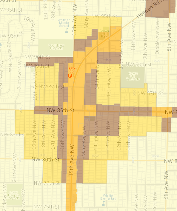 This map shows the zoning of the Crown Hill Urban Village. A thin band of midrise is surrounded by low density zoning.