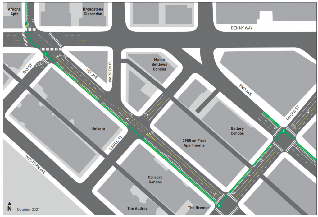 Map of the overall project with green bike lane on one side of the street for the entire connection