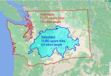 Workers Need Homes, So Why Isn’t Our Zoning Keeping Up With Job Growth? A map of Washington State with a map of the country of Switzerland overlaid on top of it.