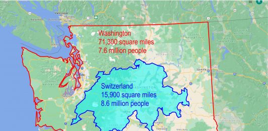 A map of Washington State with a map of the country of Switzerland overlaid on top of it.