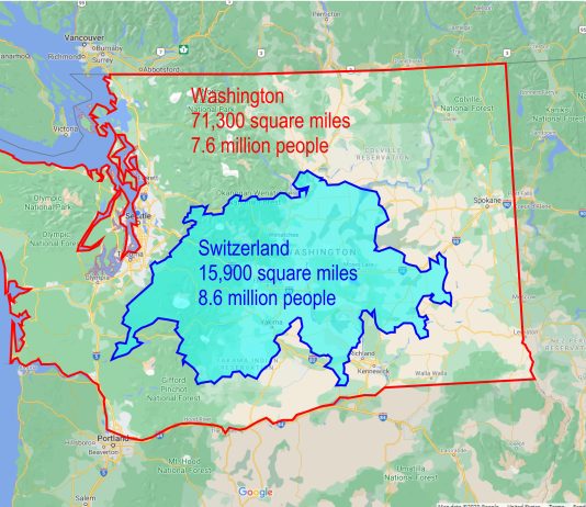 Workers Need Homes, So Why Isn’t Our Zoning Keeping Up With Job Growth? A map of Washington State with a map of the country of Switzerland overlaid on top of it.
