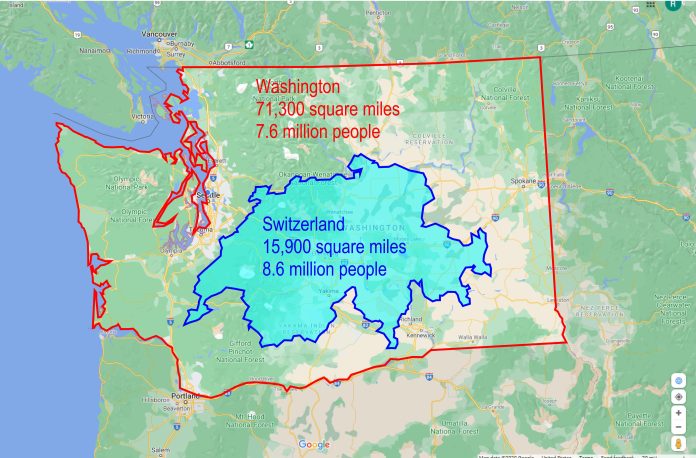 scale-Page-002 A map of Washington State with a map of the country of Switzerland overlaid on top of it.