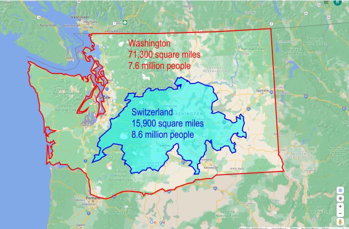 A map of Washington State with a map of the country of Switzerland overlaid on top of it.