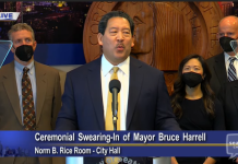 Harrell Pledges Bold Agenda in Inaugural Speech Harrell is flanked by his executive team including Deputy Mayors Kendee Yamaguchi and Monisha Harrell and Director of Strategic Initiative Tim Burgess to the right and Policy Director Dan Eder to the left.