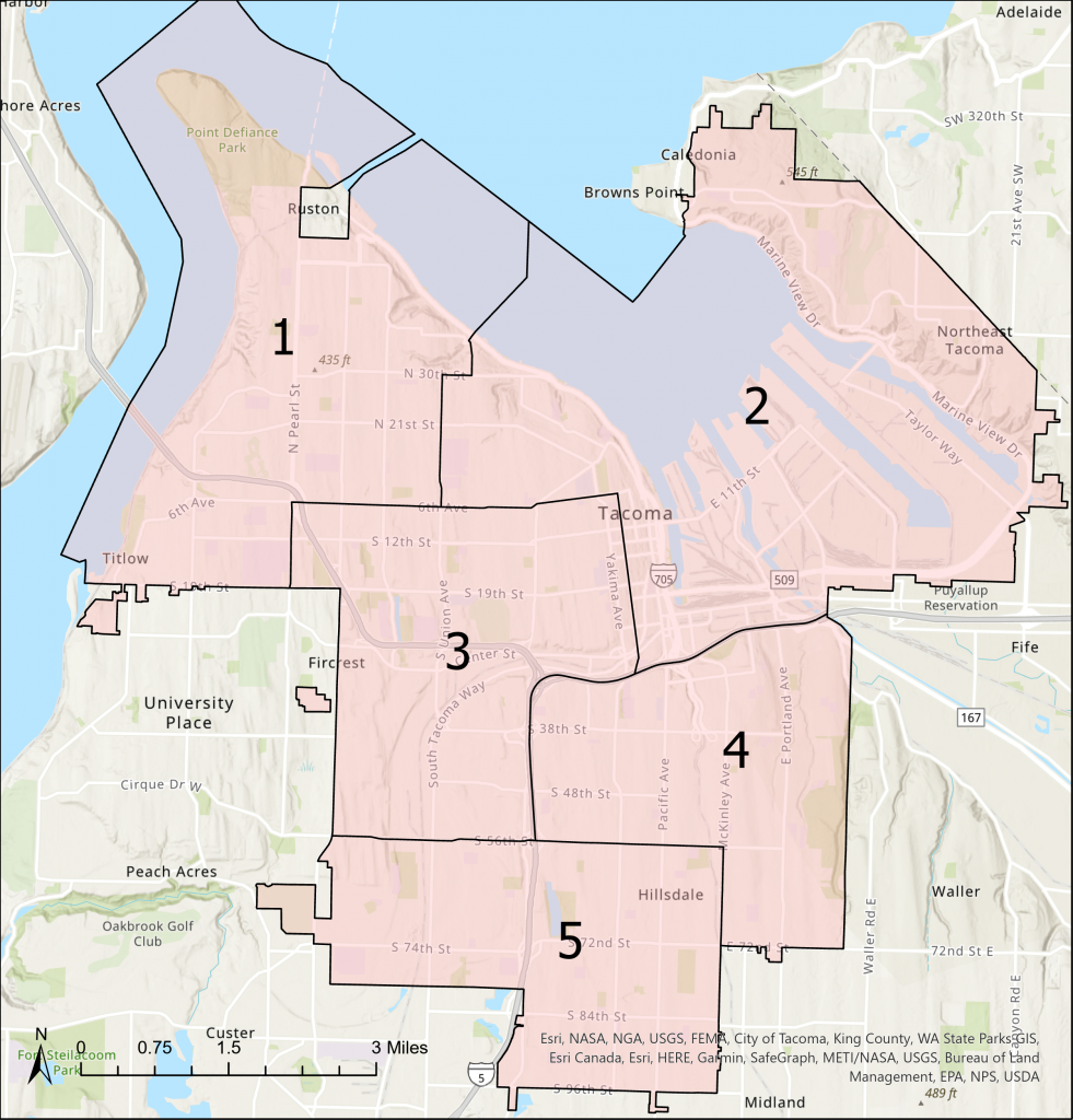 A map showing the boundaries all the five City Council district in Tacoma. 