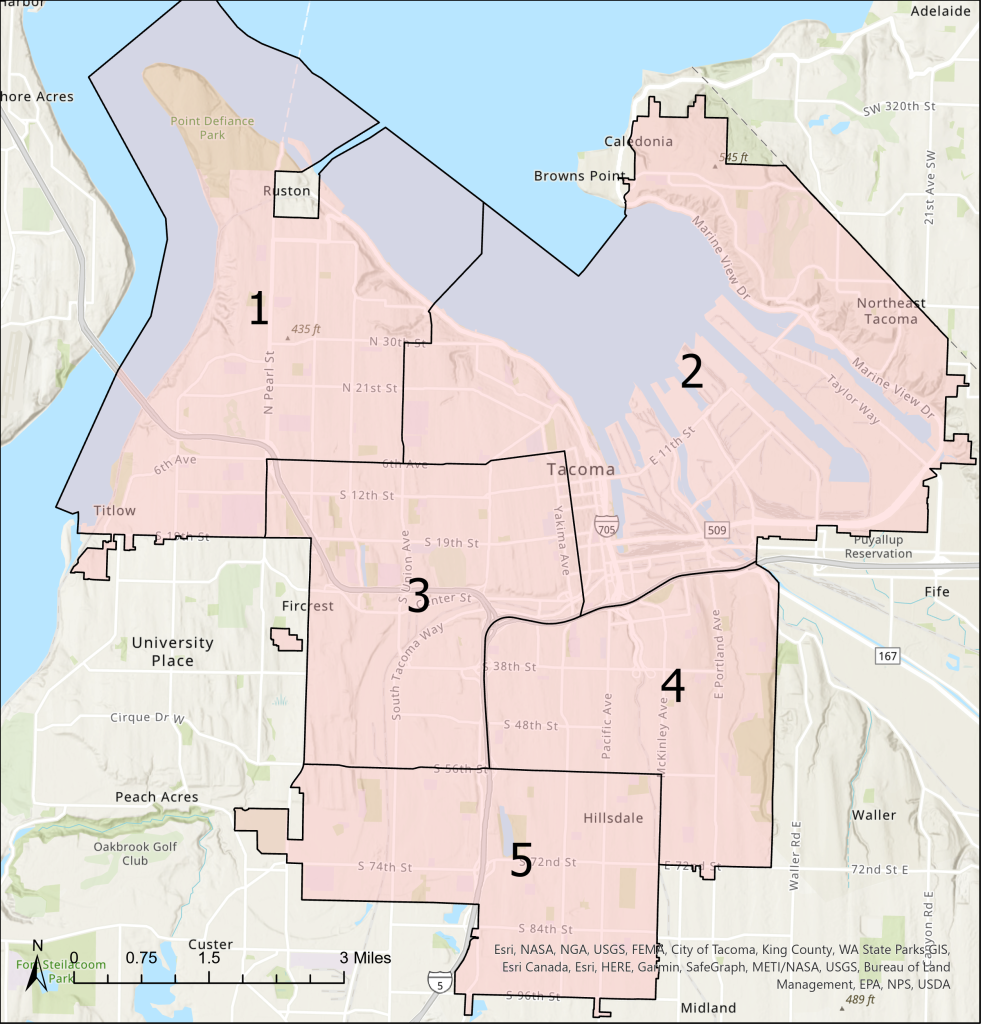 A map showing the boundaries all the five City Council district in Tacoma.
