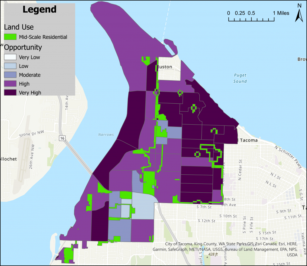 A map overlaying access to opportunity and Mid-Rise zones in City Council District 1. 