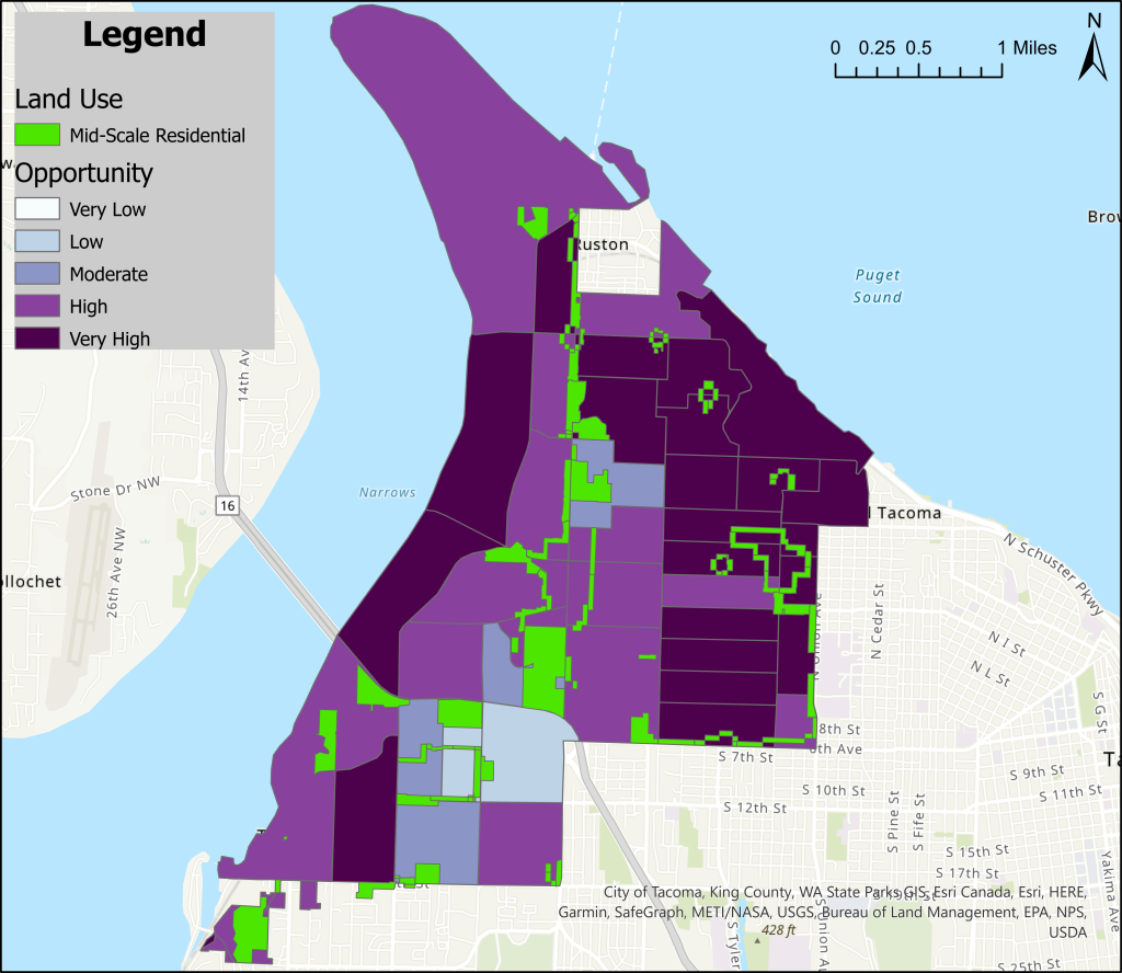 A map overlaying access to opportunity and Mid-Rise zones in City Council District 1.