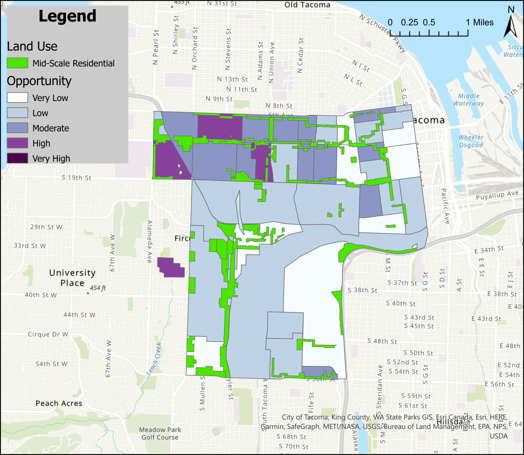 A map overlaying access to opportunity and Mid-Rise zones in City Council District 3. 