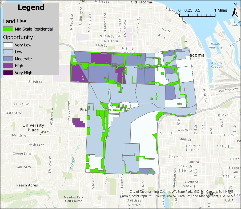 A map overlaying access to opportunity and Mid-Rise zones in City Council District 3.