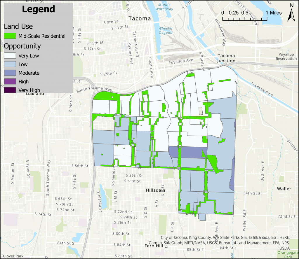 A map overlaying access to opportunity and Mid-Rise zones in City Council District 4. 