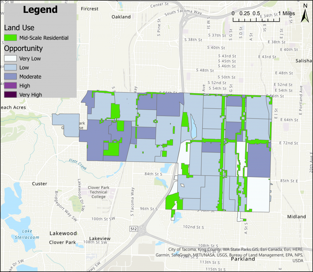 A map overlaying access to opportunity and Mid-Rise zones in City Council District 5. 