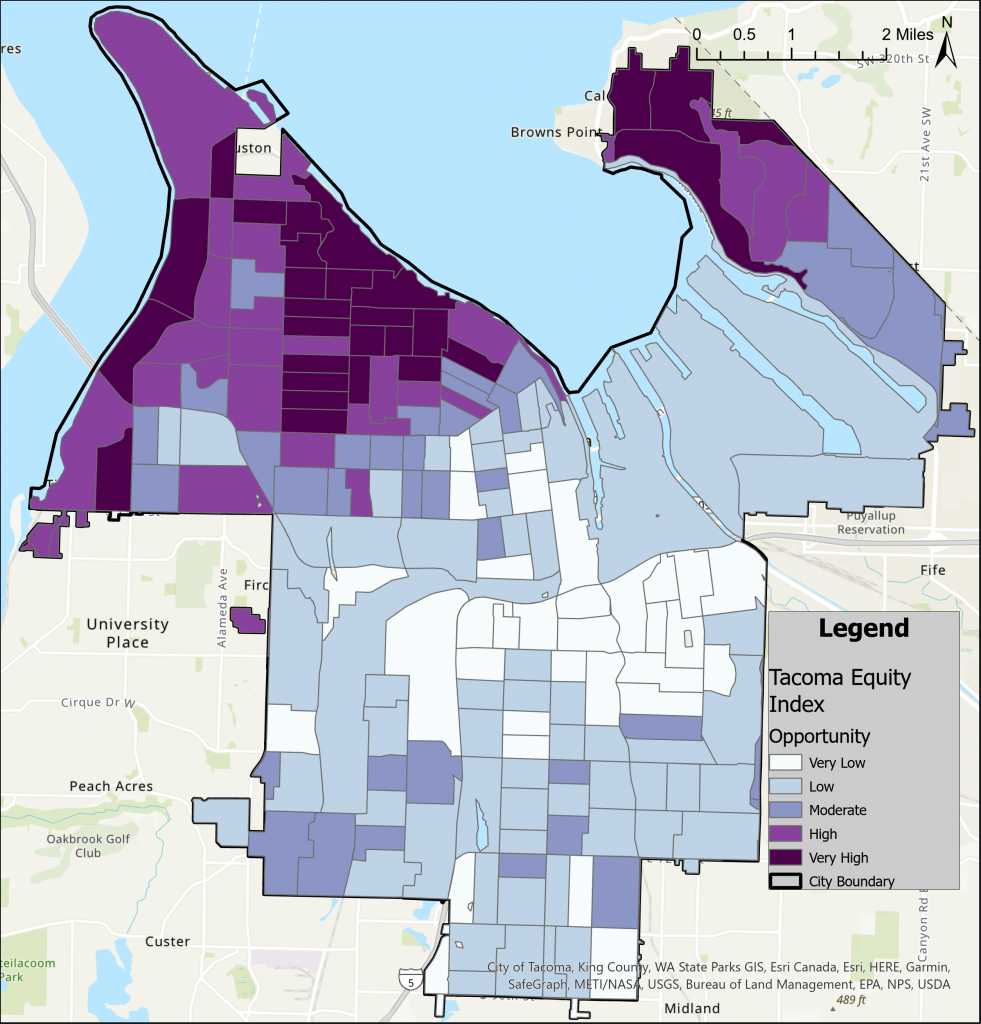 A map measuring access to opportunity in Tacoma. 