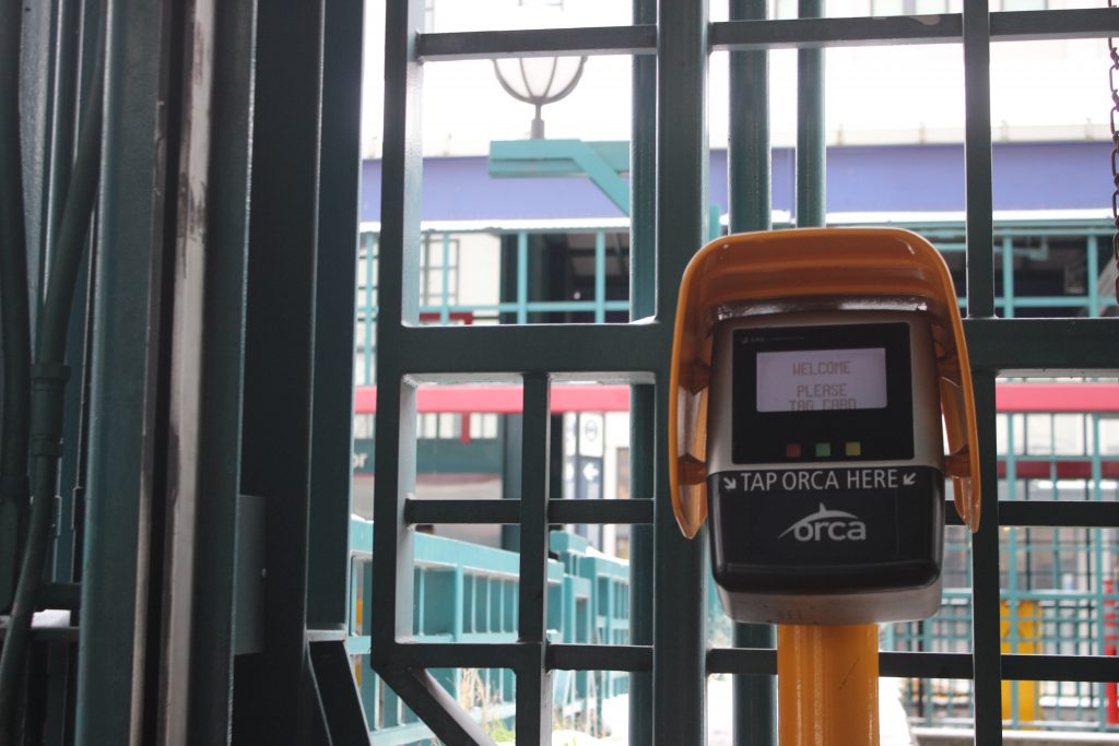 A photo of a electronic fare boxes from Sound Transit. 