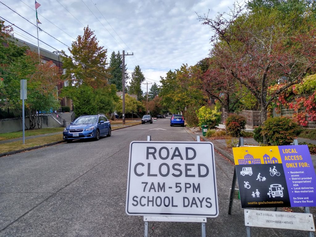 Road Closed signage with Local Access Only sign separate on a School Street near Montlake Elementary
