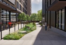 Housing Notes: Capitol Hill Safeway Mixed-Use Design Review, TOD in Lynnwood and Northgate A rendering of the people walking into a courtyard in a modern apartment building.