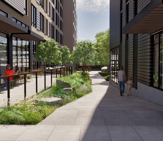 Housing Notes: Capitol Hill Safeway Mixed-Use Design Review, TOD in Lynnwood and Northgate A rendering of the people walking into a courtyard in a modern apartment building.