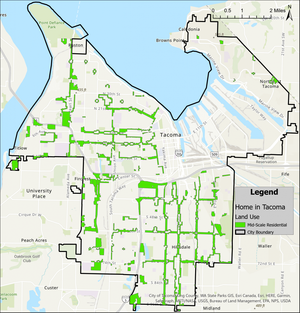 A map of all areas zoned for Mid-Rise housing in Tacoma. 