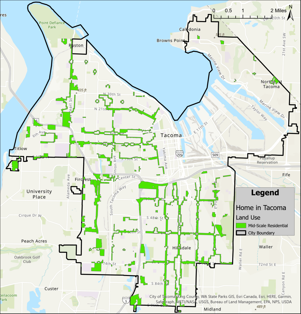 A map of all areas zoned for Mid-Rise housing in Tacoma. 