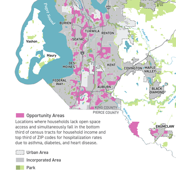 A map of South King County identifying areas that lack open space access. 