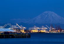 Call to Action: Weigh in on the Future of Seattle’s Industrial and Maritime Strategy A photo of the Port of Seattle with Mount Rainier in the background.