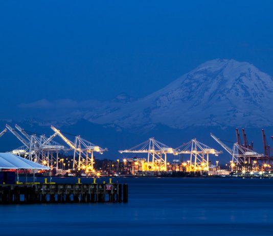 Call to Action: Weigh in on the Future of Seattle’s Industrial and Maritime Strategy A photo of the Port of Seattle with Mount Rainier in the background.