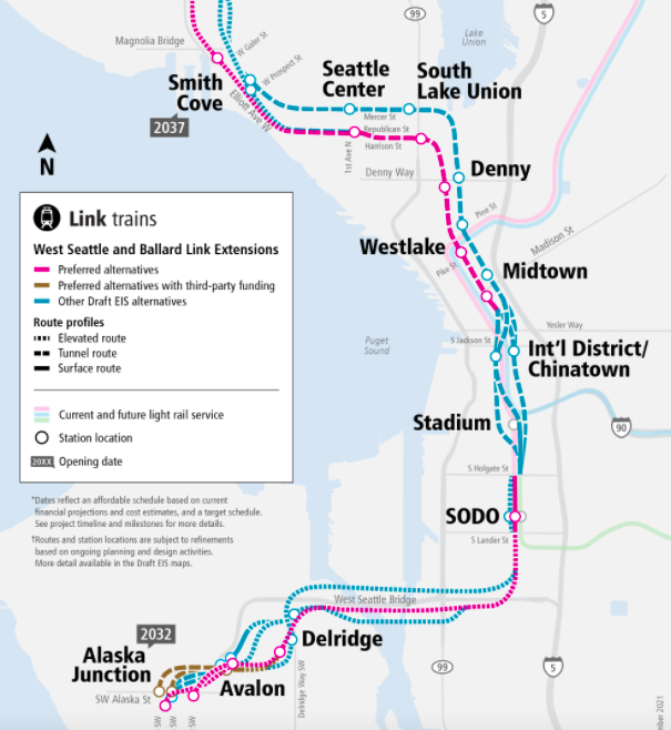 A shows the Sound Transit Link light rail extension proposed alignments in Downtown and West Seattle.