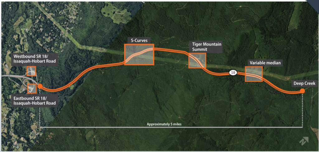 Deep green forest with a bright yellow highway running through it and labels including the Tiger Mountain Summit and Issaquah Hobart Road Interchange