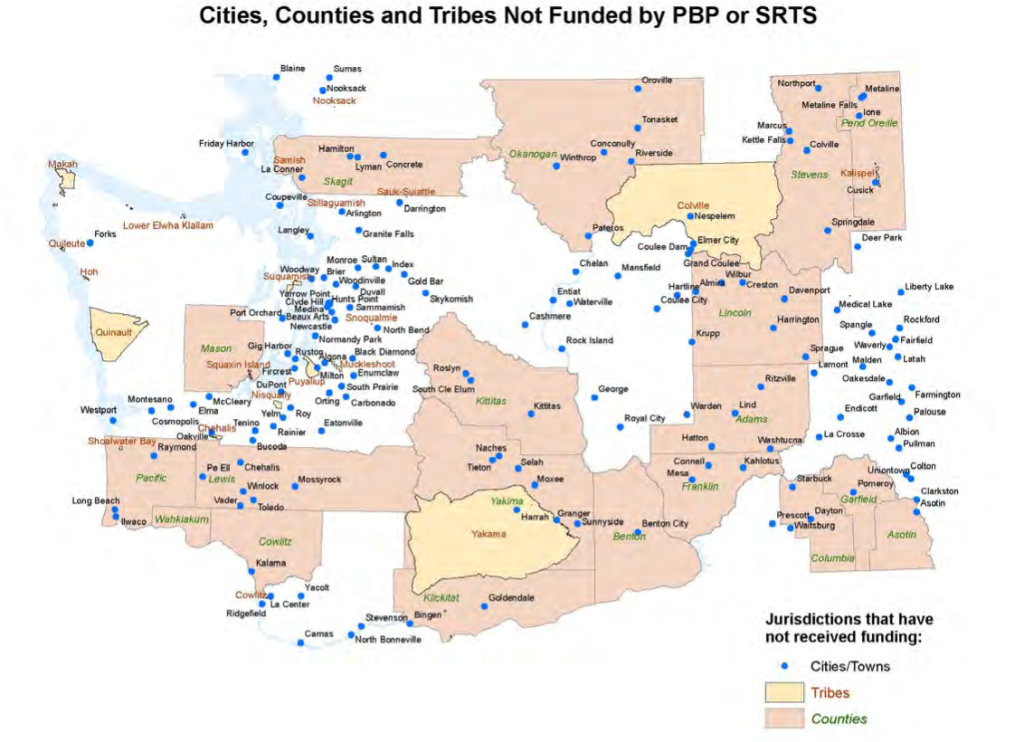 Map of Washington with dots showing cities that didn't recieve funding, counties that didn't reeive funding, and tribes that didn't receive funding.