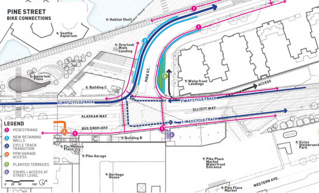 Blueprint style drawing with blue lines showing bike user path of travel and pink for pedestrian, at the junction of Elliott Way and Alaskan Way