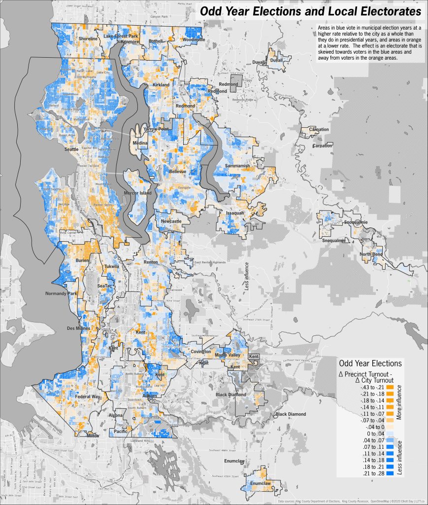 A caption reads "Areas in blue vote in municipal election years at a higher rate relative to the city as a whole than they do in presidential years, and areas in orange at a lower The effect is an electorate that is skewed towards voters in the blue area and away from the voters in the orange areas." The areas in blue tend to the wealthiest areas in the county. The areas in orange are some of the more racially diverse and tenant-heavy areas.