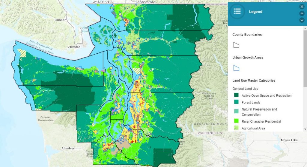A map of the State of Washington showing growth boundary of Puget Sound and areas zoned for single family home development. 