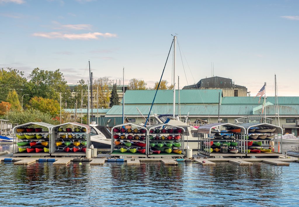 A photo of a kayak marina. 