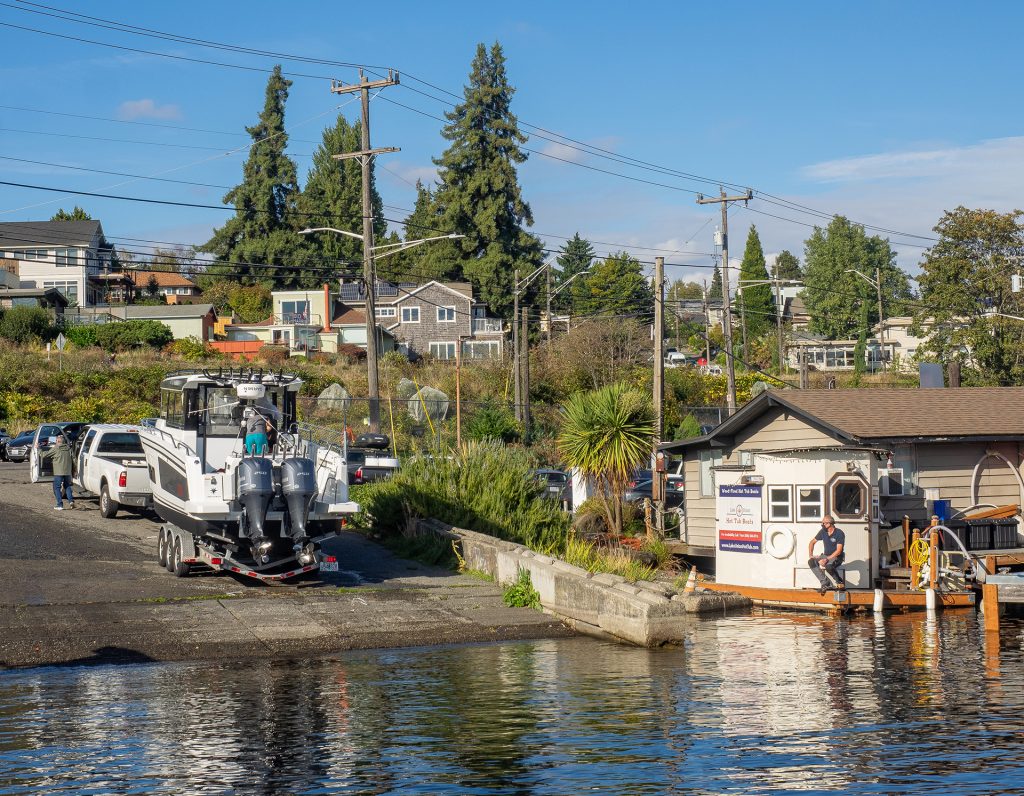 A photo of a boat ramp with a boat on it. 