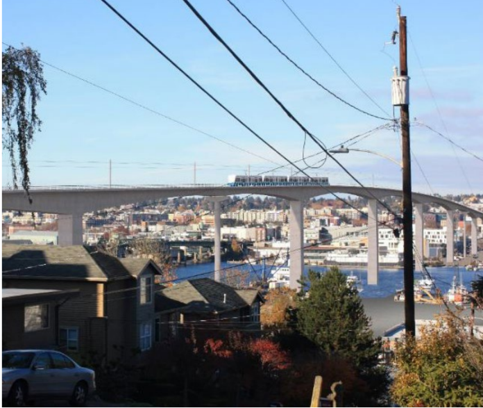 A rendering shows the elevated 14th Avenue NW alignment for Ballard Link.