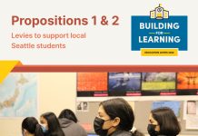 Vote Yes on 2022 Seattle and Tacoma Public School Levies A flyer reading Propositions 1 and 2 building on success with a photo of kids wearing masks in a classroom.