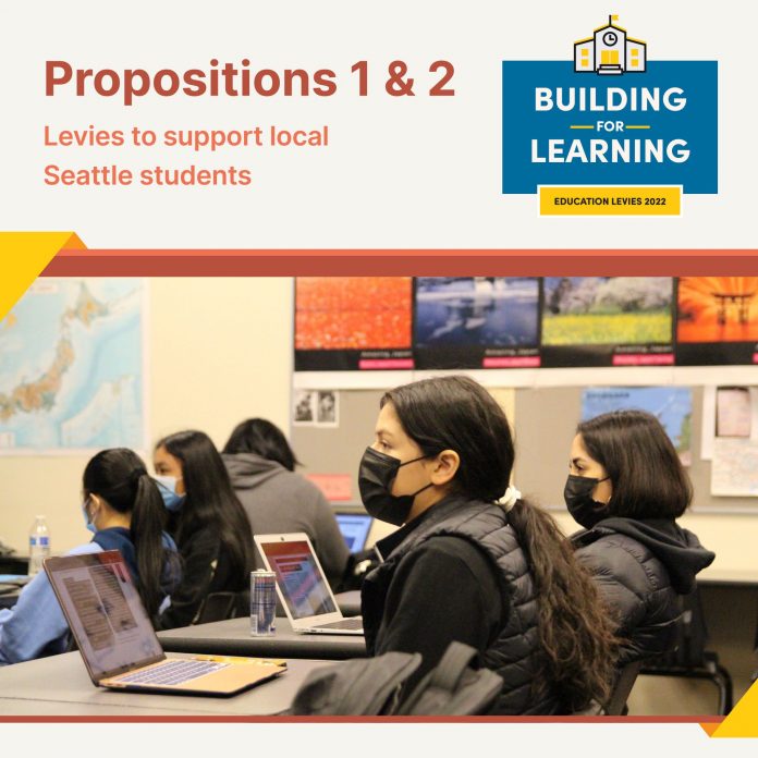 A flyer reading Propositions 1 and 2 building on success with a photo of kids wearing masks in a classroom.
