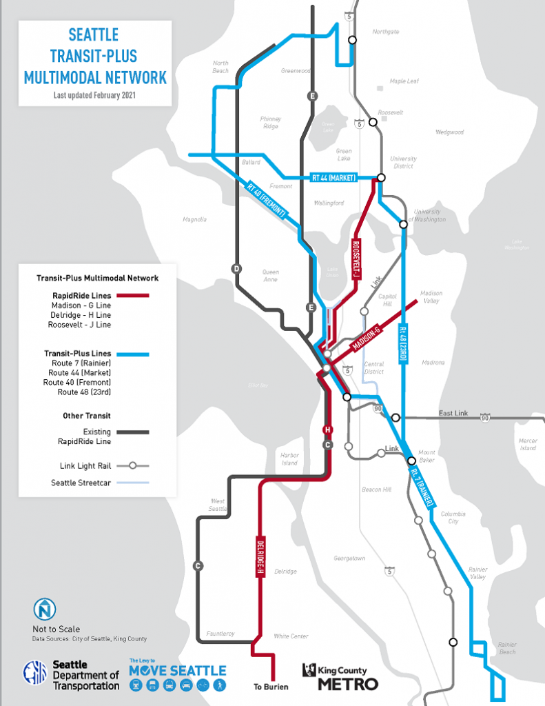 A map of thick lines across Seattle indicating RapidRide, Transit Multimodal Corridors and light rail lines