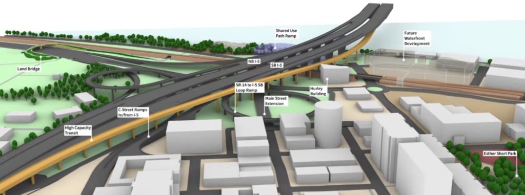 Elevated highway looming over downtown Vancouver