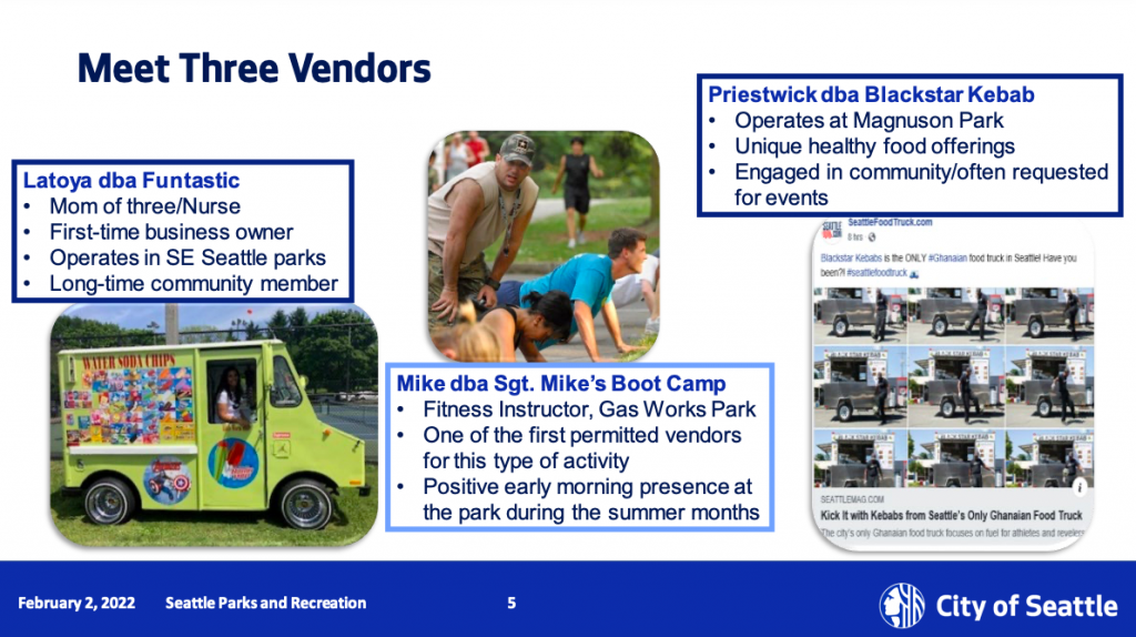 A presentation slide showcases three park vendors, Latoya Funtastic, Mike's Boot Camp, and Blackstar Kebab