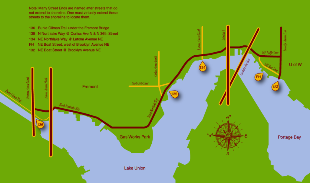 A map showing the locations of along the north end of Lake Union street ends. 